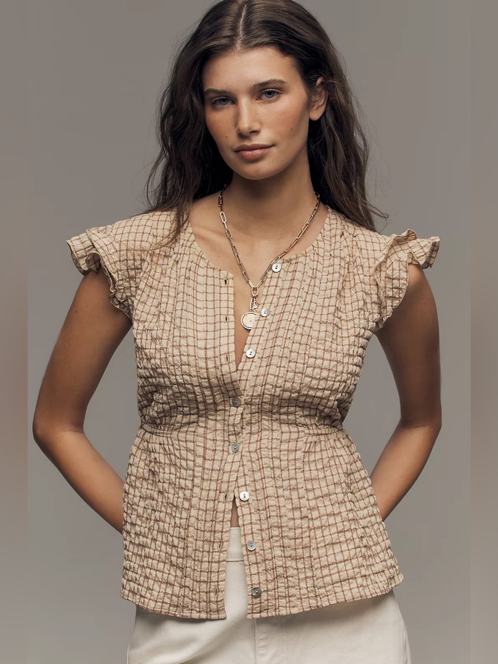 Pilcro NWT Anthropologie Flutter-Sleeve Beige Checked Ruffle Button Top Medium